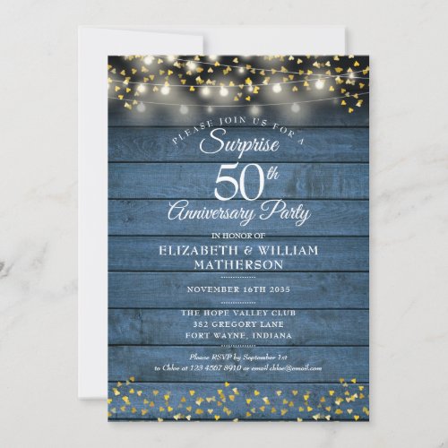 Surprise Party 50th Golden Anniversary Blue Rustic Invitation