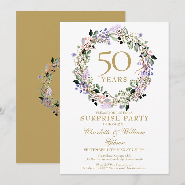 Surprise Party 50th Wedding Anniversary Floral Invitation (Front/Back)