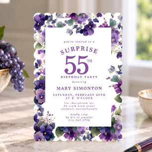 SURPRISE PARTY 55th Birthday Purple Violet Floral Invitation