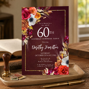 SURPRISE PARTY 60th Birthday Burgundy Fall Flowers Invitation