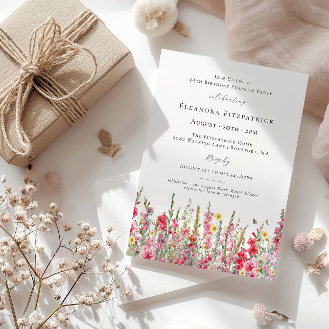 SURPRISE PARTY 65th Birthday August Birth Flower Invitation (Creator Uploaded)