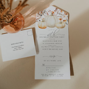 SURPRISE PARTY 65th Birthday Pumpkin Fall Leaves All In One Invitation