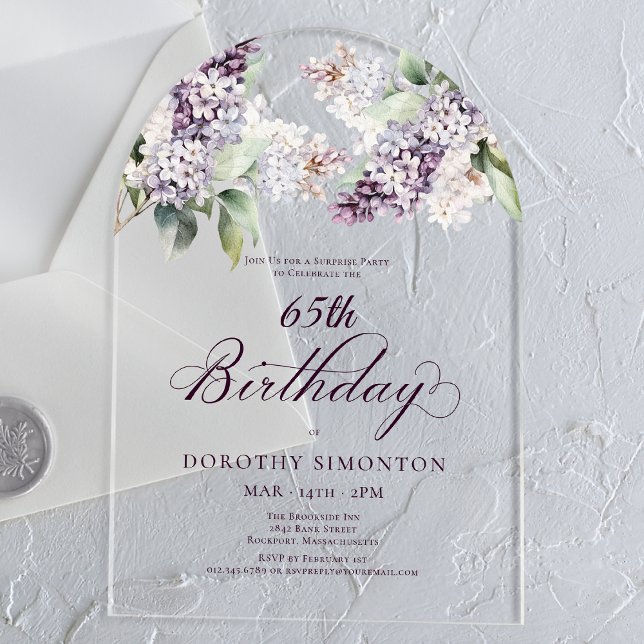 SURPRISE PARTY 65th Birthday Purple Floral Arch Acrylic Invitations (Creator Uploaded)