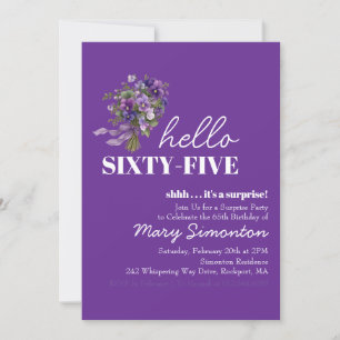 SURPRISE PARTY 65th Birthday Purple Floral Bouquet Invitation