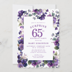 SURPRISE PARTY 65th Birthday Purple Violet Floral Invitation