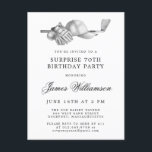 SURPRISE Party 70th Birthday Golf Theme Invitation Postcard<br><div class="desc">Elegant black and white birthday invitation for a golfer. The top of the invitation is decorated with golf accessories - a golf club, golf ball, hat and gloves. The watercolor design creates a traditional and classic aesthetic. Perfect for a birthday bash at the club or a backyard BBQ. All of...</div>