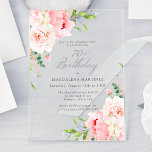 SURPRISE PARTY 70th Birthday Pink Peony Floral Acrylic Invitations<br><div class="desc">A beautiful and feminine surprise party invitation to celebrate a 70th birthday in elegant style. This floral design is bordered with a frame of charming pink peony flowers and greenery. This invitation is available as a printed invitation on transparent acrylic. One of the hottest trends in invitation design this year....</div>