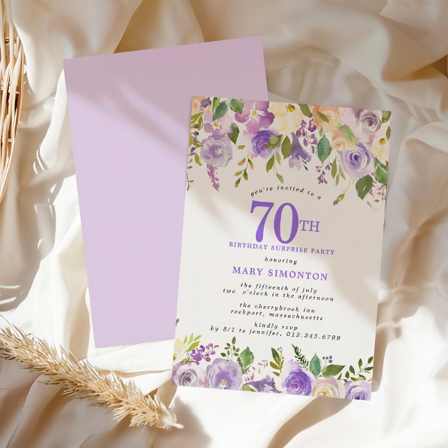 SURPRISE PARTY 70th Birthday Pretty Purple Floral Invitation (Creator Uploaded)