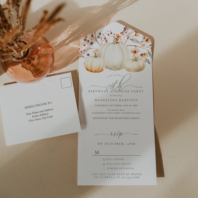 SURPRISE PARTY 70th Birthday Pumpkin Fall Leaves All In One Invitation (Creator Uploaded)