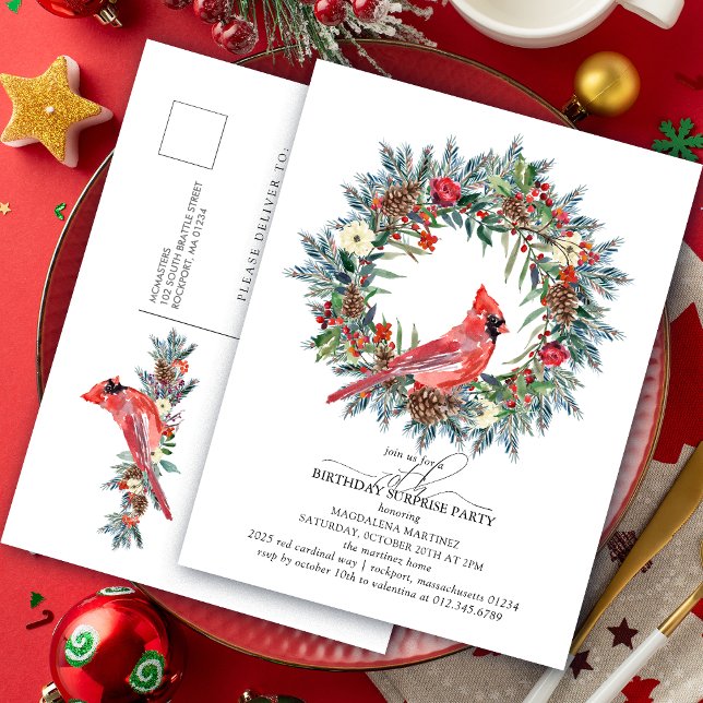 SURPRISE PARTY 70th Birthday Red Cardinal Wreath Invitation Postcard (Creator Uploaded)