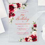 SURPRISE PARTY 70th Birthday Red Rose Pink Peony  Acrylic Invitations<br><div class="desc">Red roses and blush pink peonies are nestled in dark green leaves on this birthday invitation. Classic script calligraphy lets your guests know it's a milestone birthday and who the birthday celebrant is. This item is part of the Red Rose Pink Peony collection. It contains the templates you can use...</div>