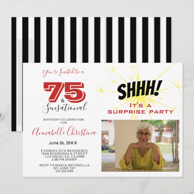 SURPRISE PARTY 75 & SENSATIONAL 75th Birthday Invitation (Front/Back)