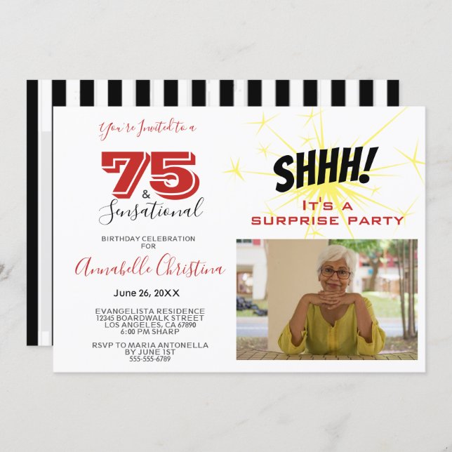 SURPRISE PARTY 75 & SENSATIONAL 75th Birthday Invitation (Front/Back)