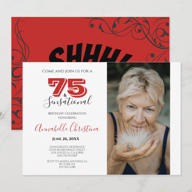 SURPRISE PARTY 75th Birthday 75 & SENSATIONAL Invitation (Front/Back)