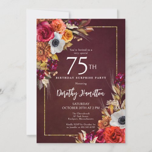 SURPRISE PARTY 75th Birthday Burgundy Fall Flowers Invitation