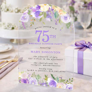 SURPRISE PARTY 75th Birthday Purple Floral Clear Acrylic Invitations