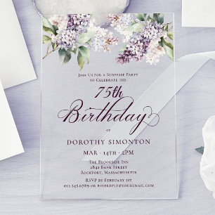 SURPRISE PARTY 75th Birthday Purple Lilac Floral Acrylic Invitations