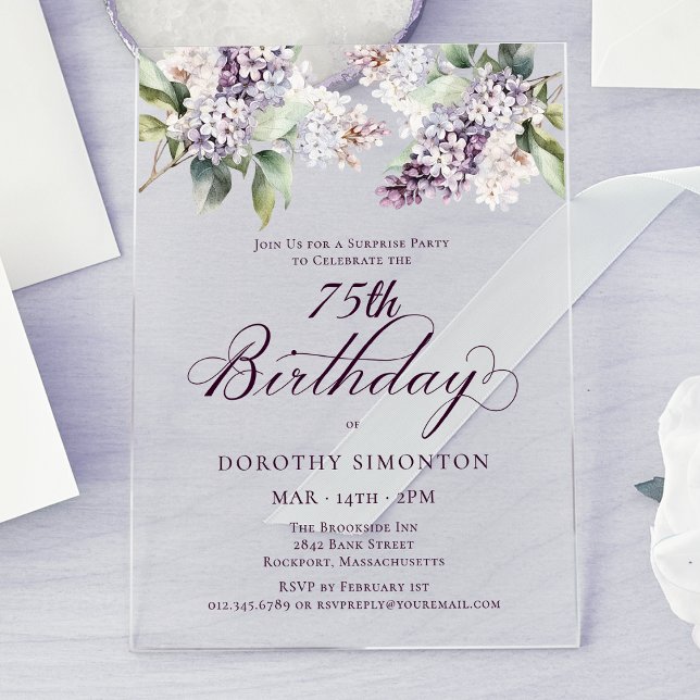 SURPRISE PARTY 75th Birthday Purple Lilac Floral Acrylic Invitations (Creator Uploaded)
