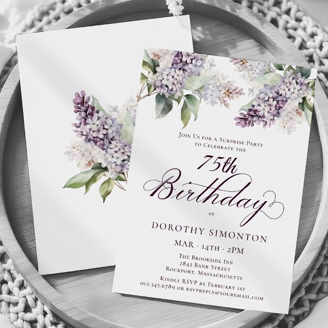  SURPRISE PARTY 75th Birthday Purple Lilac Floral Invitation (Creator Uploaded)