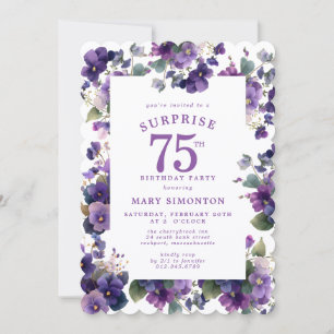 SURPRISE PARTY 75th Birthday Purple Violet Floral Invitation
