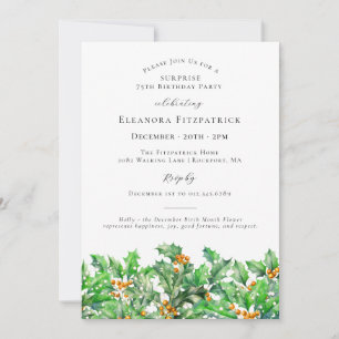 SURPRISE PARTY 75th Holly December Birth Flower Invitation