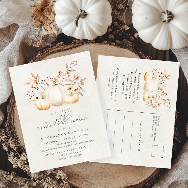 SURPRISE PARTY 75th White Pumpkin Fall Leaves Invitation Postcard (Creator Uploaded)