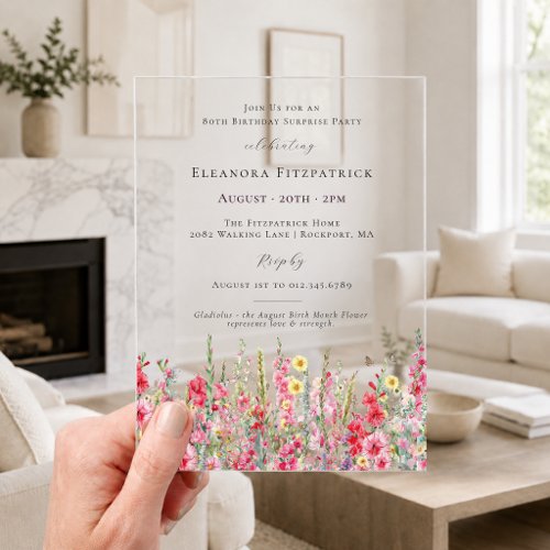 SURPRISE PARTY 80th Birthday August Birth Flower Acrylic Invitations