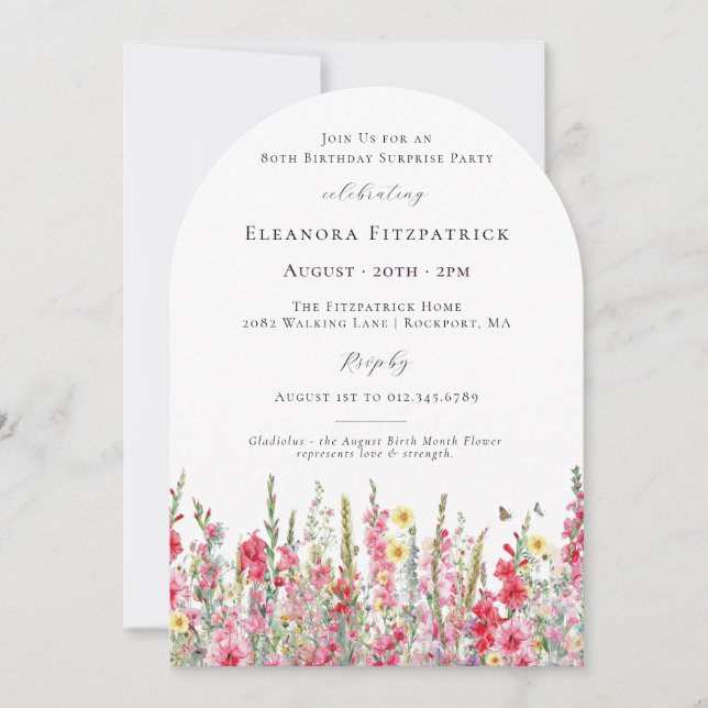 SURPRISE PARTY 80th Birthday August Birth Flower Invitation (Front)