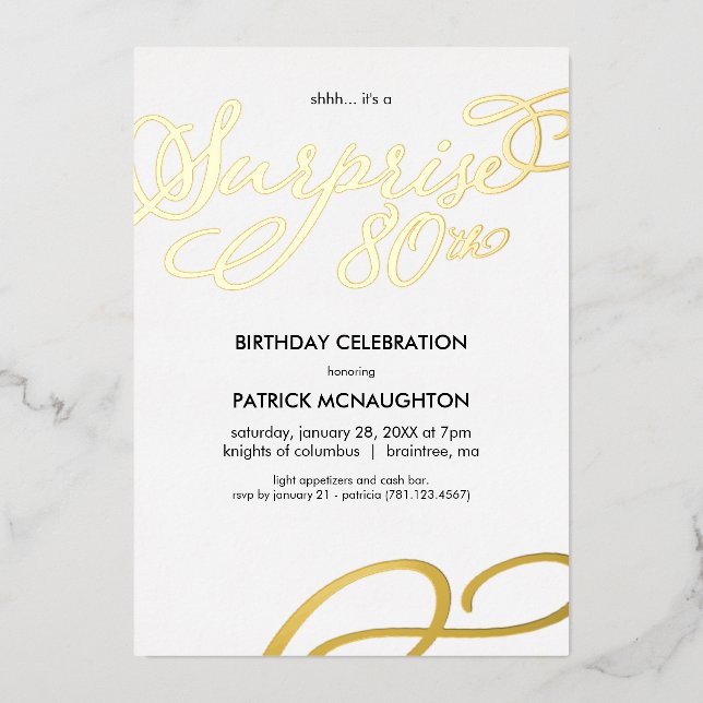 Surprise Party 80th Birthday Gold Foil Invitation (Front)