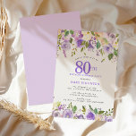 SURPRISE PARTY 80th Birthday Pretty Purple Floral Invitation<br><div class="desc">Honor a special woman with this elegant and feminine 80th Birthday party invitation. 80th is written in large purple text. Birthday Surprise Party follows. The honored guest's name is also in purple capital letters. The remainder of the text is soft dove gray. The birthday celebration details are surrounded top and...</div>