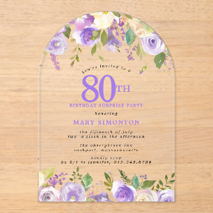 SURPRISE PARTY 80th Birthday Purple Floral Clear Acrylic Invitations