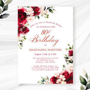 SURPRISE PARTY 80th Birthday Red Pink Floral Invitation