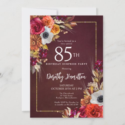SURPRISE PARTY 85th Birthday Burgundy Fall Flowers Invitation