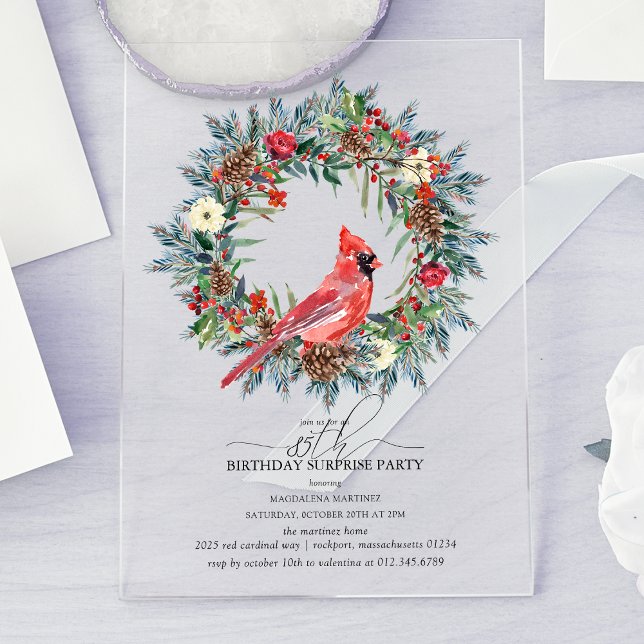 SURPRISE PARTY 85th Birthday Cardinal Wreath Acrylic Invitations (Creator Uploaded)