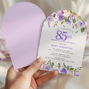 SURPRISE PARTY 85th Birthday Purple Floral Arch Invitation