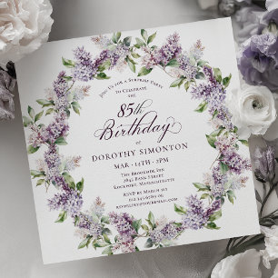 SURPRISE PARTY 85th Birthday Purple Lilac Floral Invitation