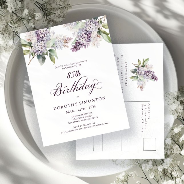 SURPRISE PARTY 85th Birthday Purple Lilac Floral Invitation Postcard (Creator Uploaded)