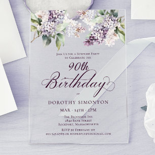 SURPRISE PARTY 90th Birthday Purple Lilac Floral Acrylic Invitations