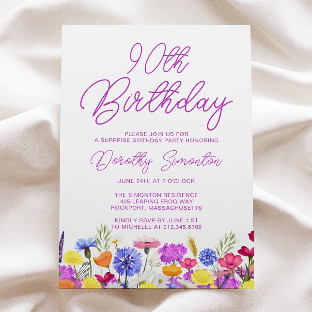 SURPRISE PARTY 90TH Birthday Purple Wildflower Invitation (Creator Uploaded)