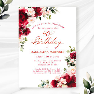 SURPRISE PARTY 90th Birthday Red Pink Floral Invitation