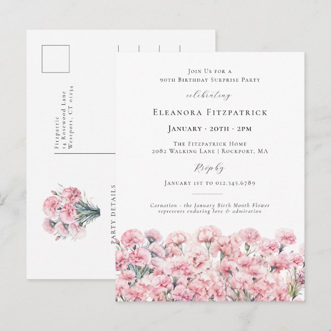 SURPRISE PARTY 90th Carnation January Birth Flower Invitation Postcard (Front/Back)
