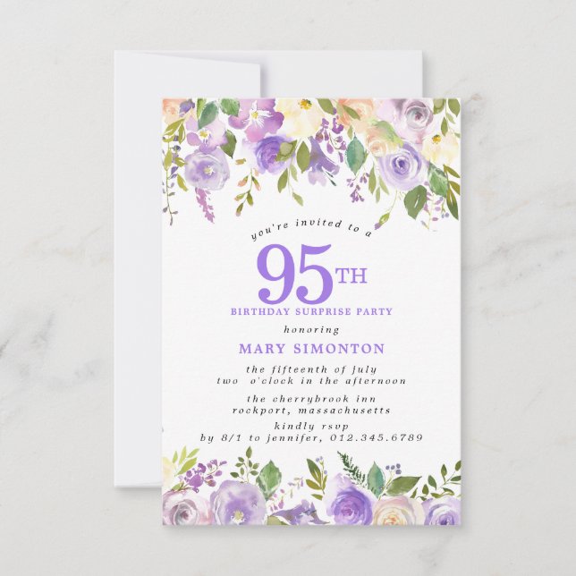 SURPRISE PARTY 95th Birthday Pretty Purple Floral Invitation (Front)
