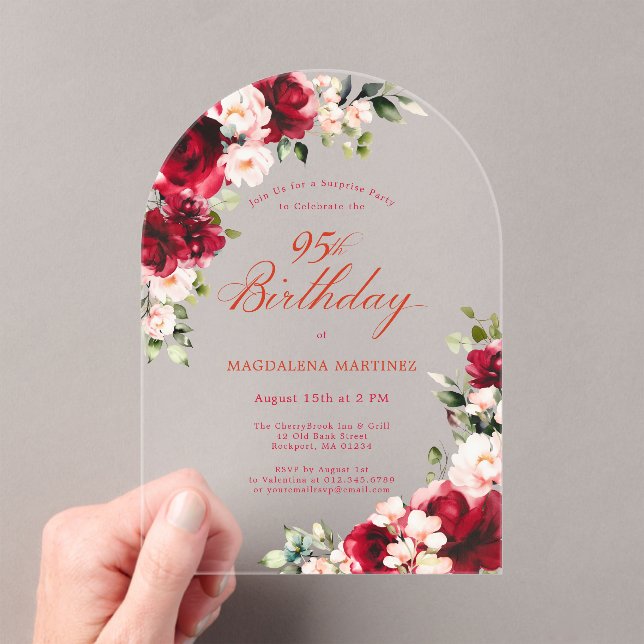 SURPRISE PARTY 95th Birthday Red Pink Floral Arch Acrylic Invitations (Insitu (Handheld))