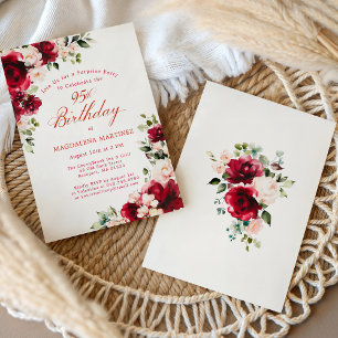 SURPRISE PARTY 95th Birthday Red Pink Floral Invitation