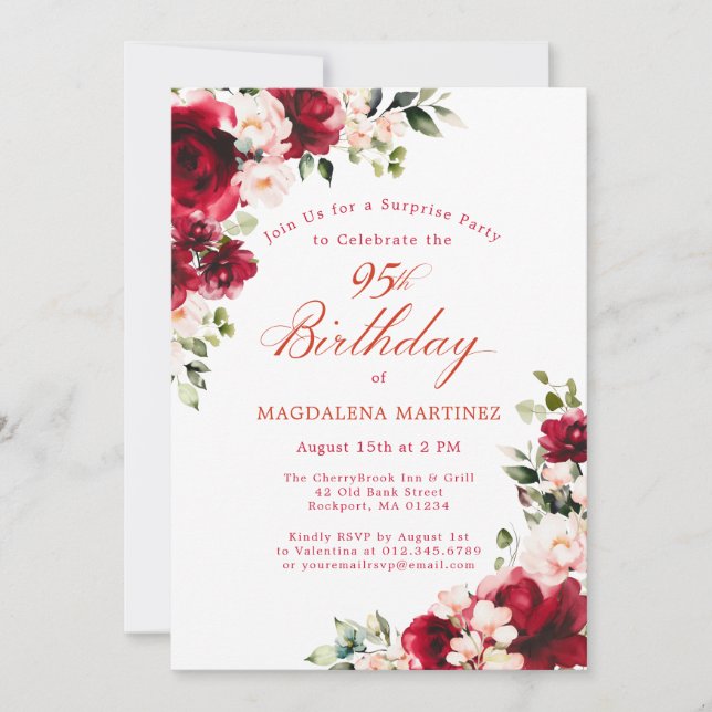 SURPRISE PARTY 95th Birthday Red Rose Pink Peony Invitation (Front)