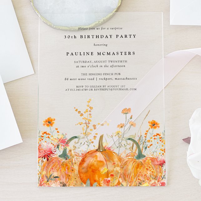 SURPRISE PARTY ACRYLIC 30TH Pumpkin Wildflower Invitations (Creator Uploaded)