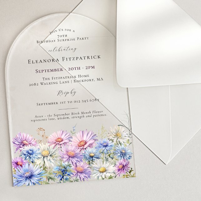 SURPRISE PARTY ARCH 70 September Birth Flower Acrylic Invitations (Creator Uploaded)
