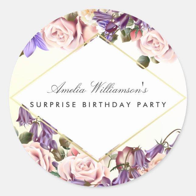 Surprise Party | Beautiful Bluebells and Roses Classic Round Sticker (Front)