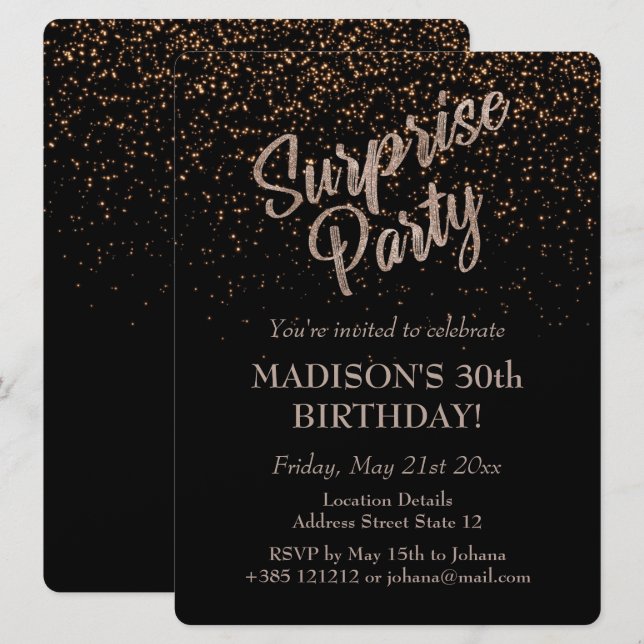 Surprise Party Birthday Gold Glitter Invitation (Front/Back)