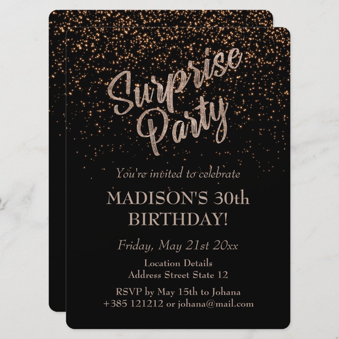 Surprise Party Birthday Gold Glitter Invitation | Zazzle